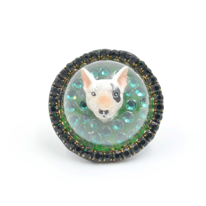 布爹利小狗玻璃罩戒指 缀绿色施华洛世奇水晶绕边 斗牛㹴 牛头㹴 - 戒指 - 其他金属 绿色