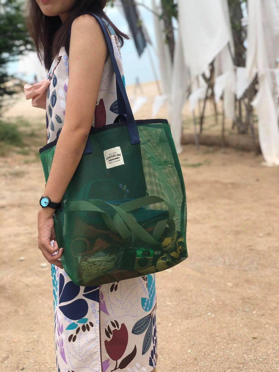 绿色网眼袋 / 购物袋 / 健身袋 / 杂货袋 / 沙滩袋 / M尺寸 - 手提包/手提袋 - 尼龙 绿色