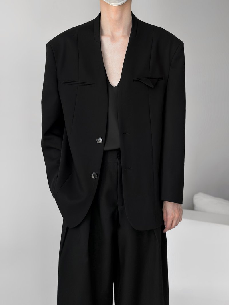 法式极简 老钱风无领西装外套 - 男装西装外套 - 其他材质 黑色