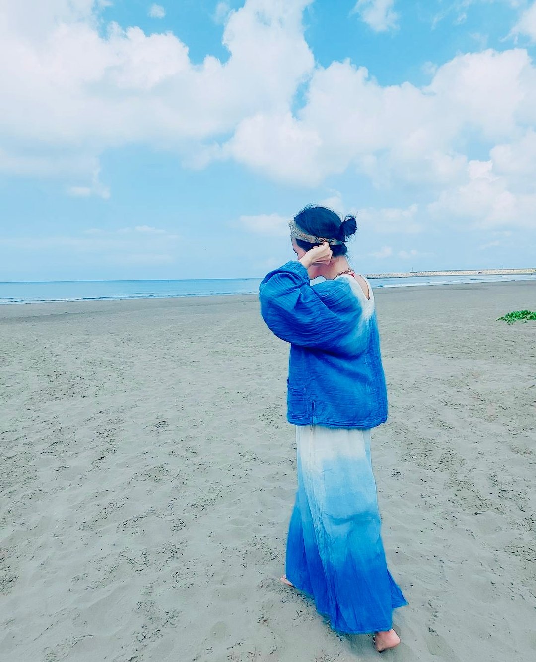 日式气质感 | 蓝白渐层松紧柔软仙女宽裤 - 女装长裤 - 棉 蓝色
