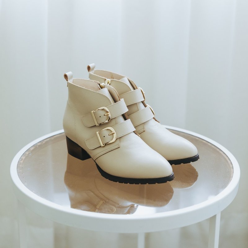 雾都双扣 | 手作牛皮双扣靴 | 奶茶杏 | 台湾真皮手工鞋MIT - 女款短靴 - 真皮 卡其色