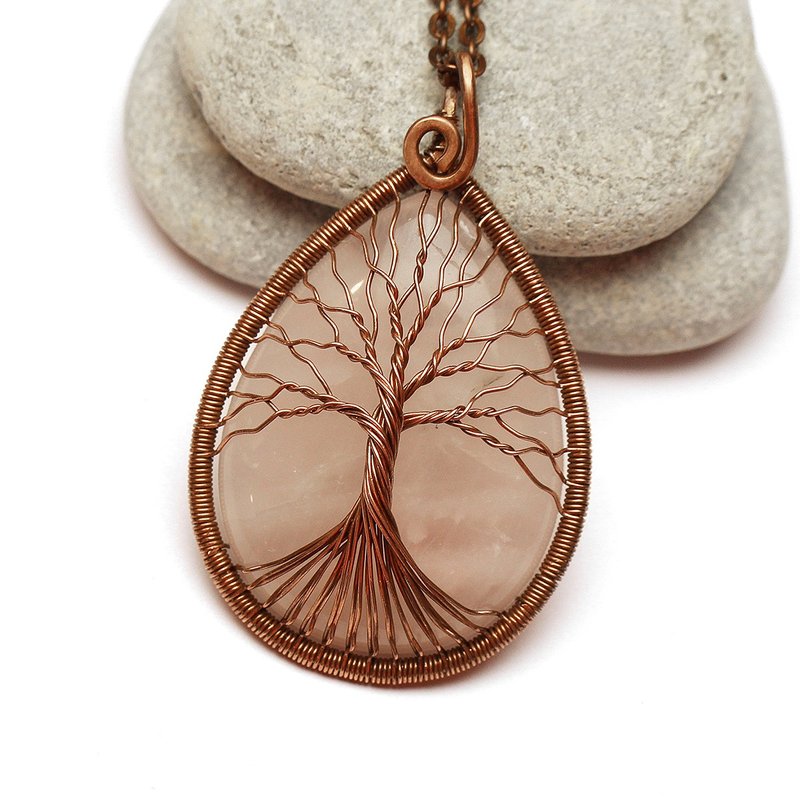 Handmade Rose Quartz Pendant Copper Wire Necklace Tree Of Life Necklace Jewelry - 项链 - 半宝石 粉红色