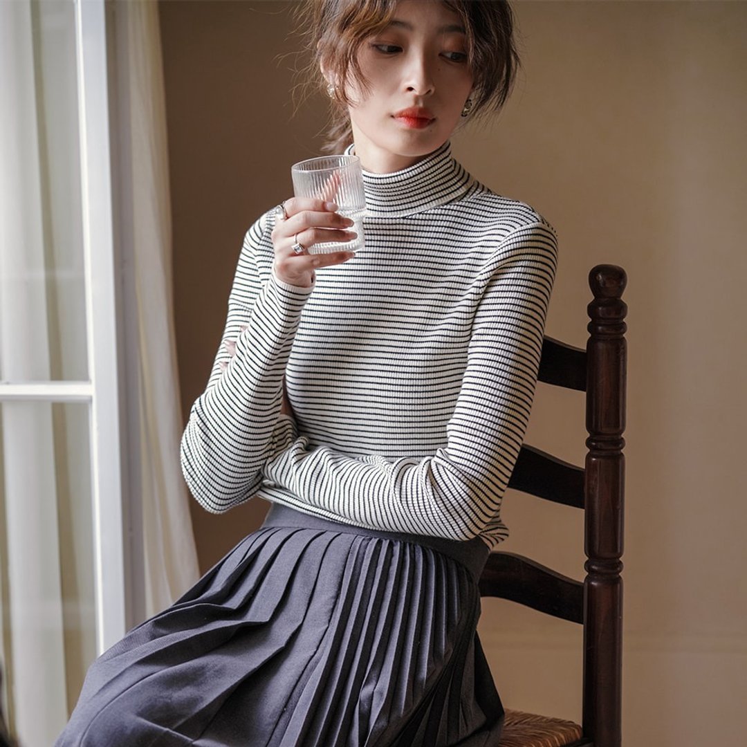 高领条纹修身打底衫|打底衫|秋冬款|羊绒棉|Sora-1049 - 女装针织衫/毛衣 - 棉 多色
