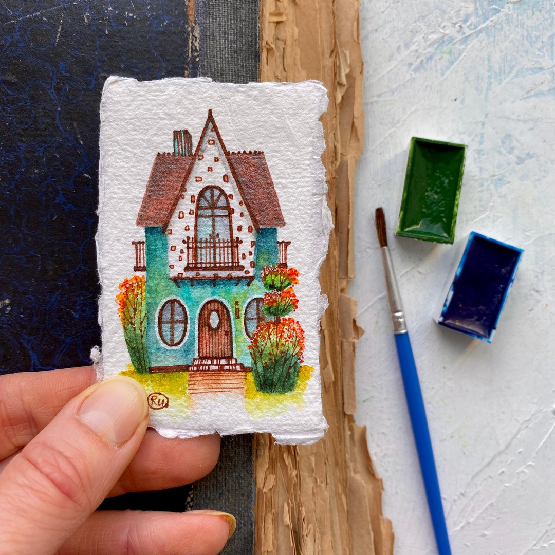 Green house art Original painting Tiny wall art Watercolor miniature by Rubinova - 海报/装饰画/版画 - 纸 多色