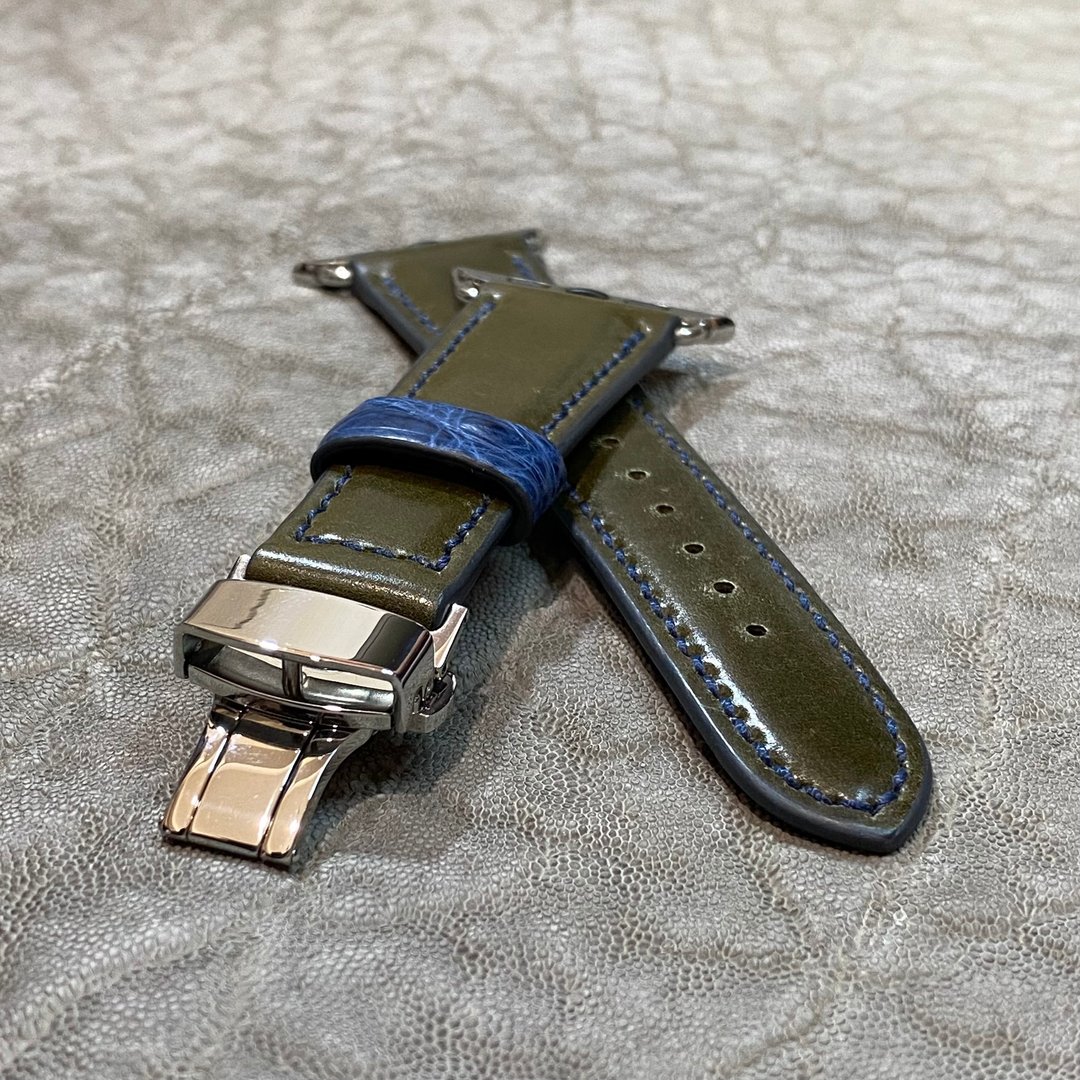 Apple Watch 表带 / 手工缝制・油染马臀部皮革・橄榄绿 适用于 42/44/45/46/49mm 皮革表带 - 表带 - 真皮 绿色
