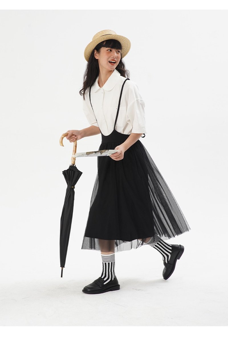 oddmaker 黑色系带网纱裙夏季原创设计感细肩背带半身裙女 - 洋装/连衣裙 - 聚酯纤维 