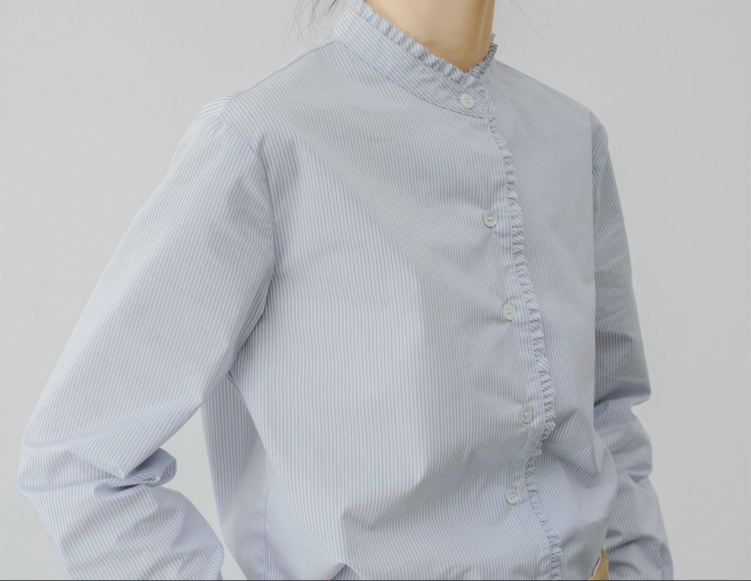 法式复古 少女图书馆女孩简约气质蓝白条纹立领衬衫 - 女装衬衫 - 棉 蓝色
