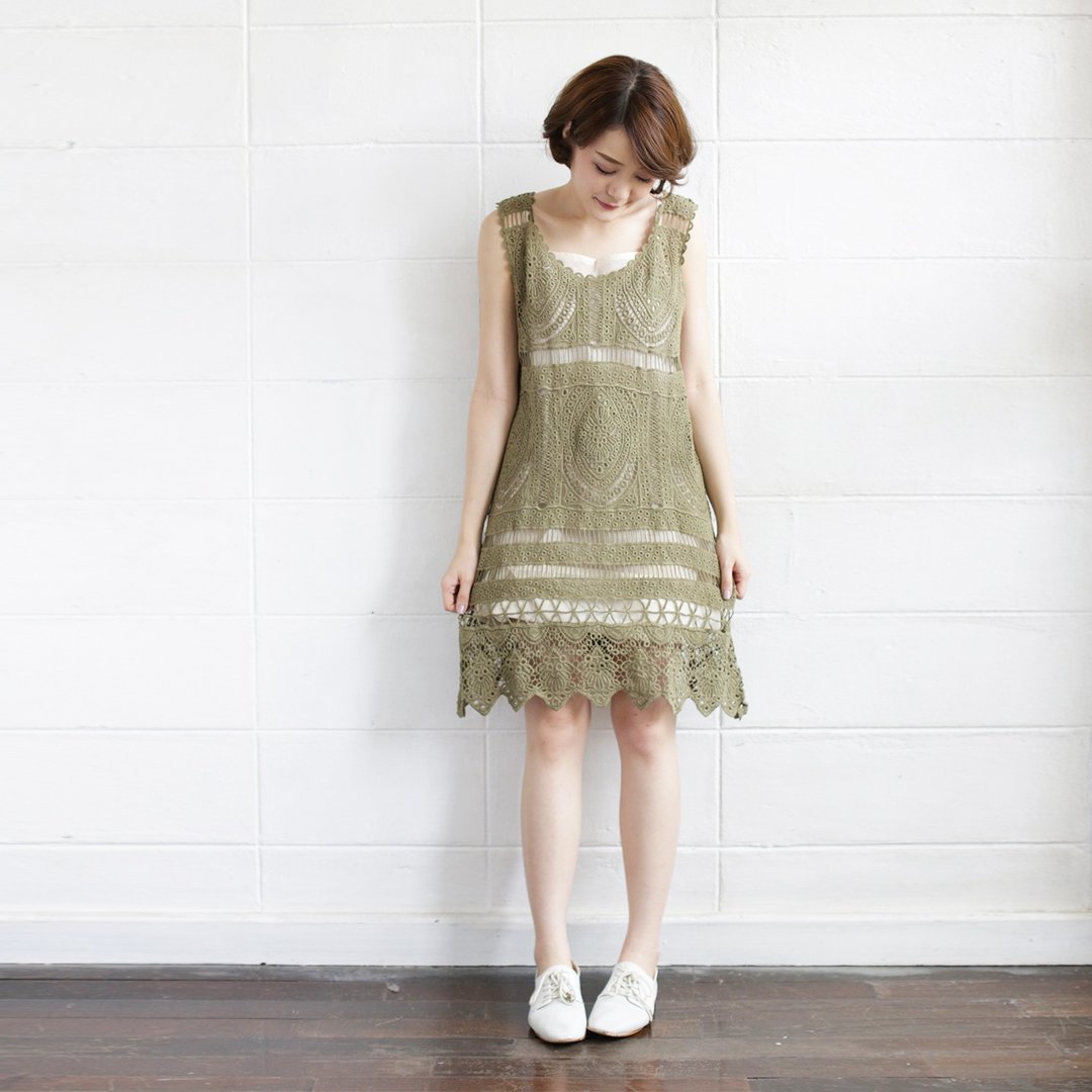 Green Sleeveless Dresses Lace Cotton Orchid - 洋装/连衣裙 - 棉 绿色