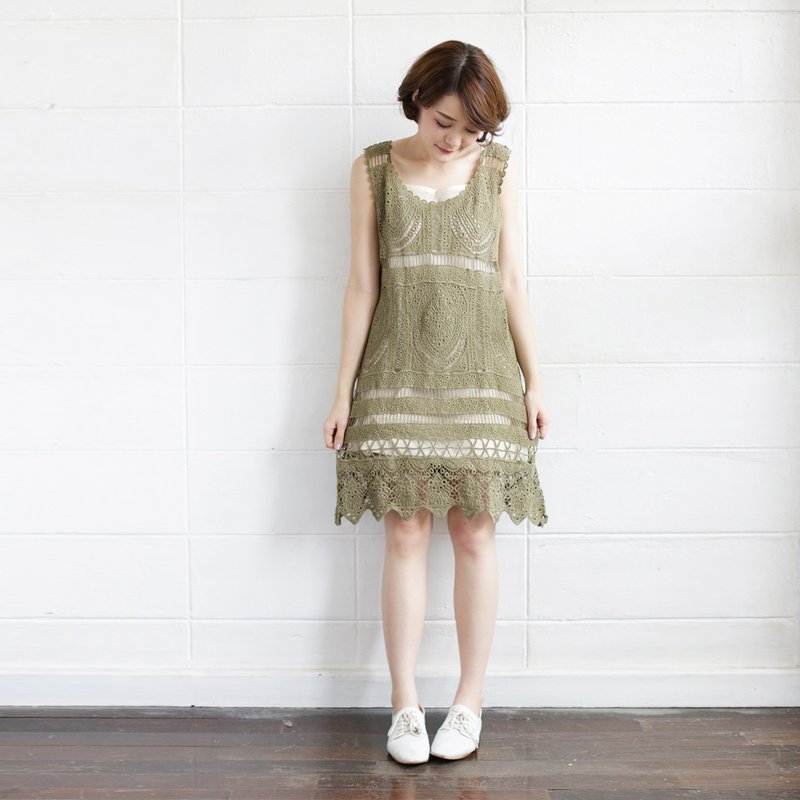 Green Sleeveless Dresses Lace Cotton Orchid - 洋装/连衣裙 - 棉．麻 绿色