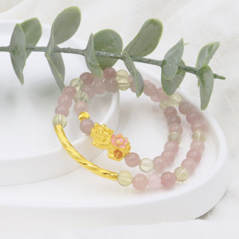 木村轻金饰 / 招财黄金貔貅双层水晶手环 粉晶 黄水晶 9999黄金 - 手链/手环 - 24k 金 粉红色