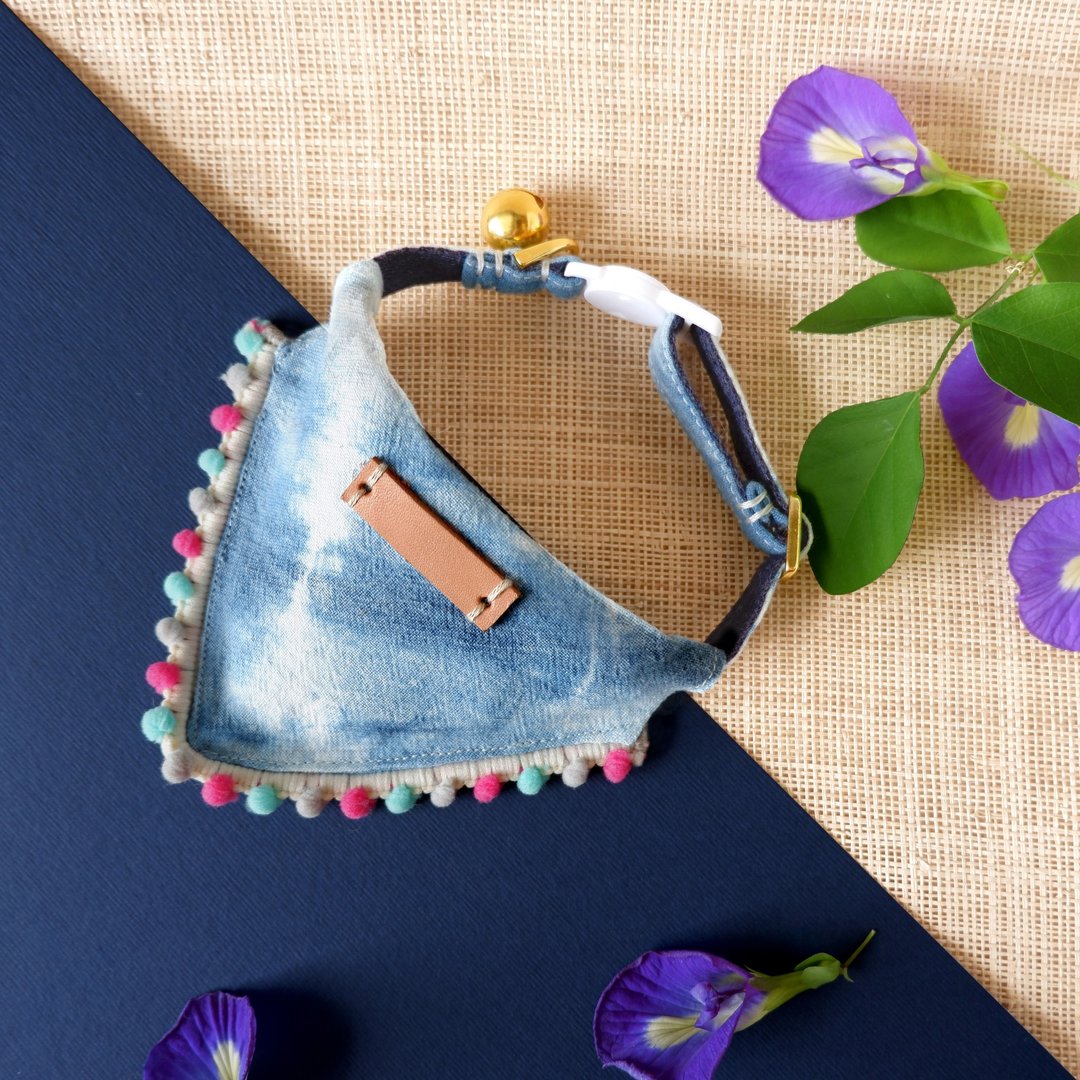 Mood Indigo - Breakaway cat collar & Pommy Bandana - 项圈/牵绳 - 棉 蓝色