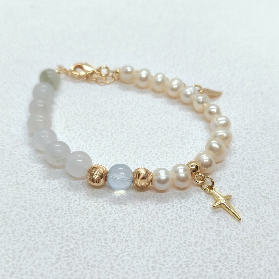 翠蓝珍爱 - 天山翠玉 海蓝宝 5-6mm 天然淡水珍珠 包 14K 金十字架手链 - 手链/手环 - 珍珠 