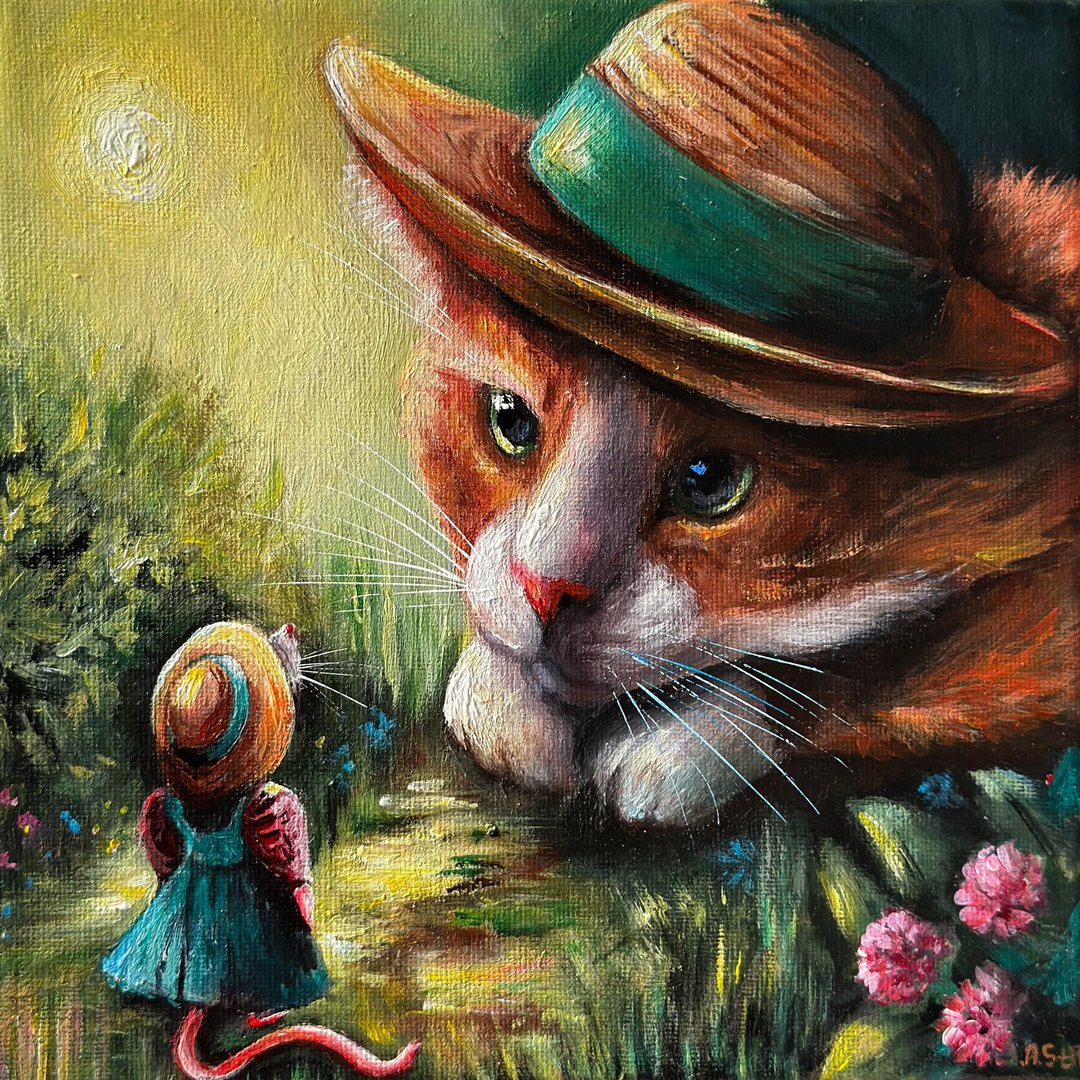 原创帆布画《橘子猫与老鼠》，猫咪壁画，动物画 - 墙贴/壁贴 - 棉 多色