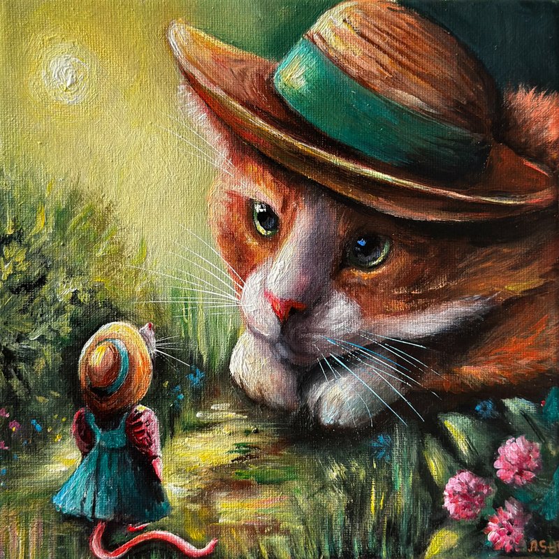 原创帆布画《橘子猫与老鼠》，猫咪壁画，动物画 - 墙贴/壁贴 - 棉．麻 多色