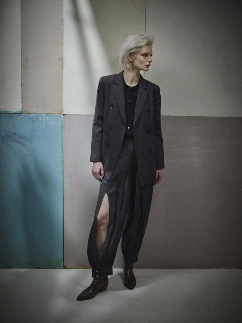 开衩打褶西装长裤 - 女装长裤 - 羊毛 灰色