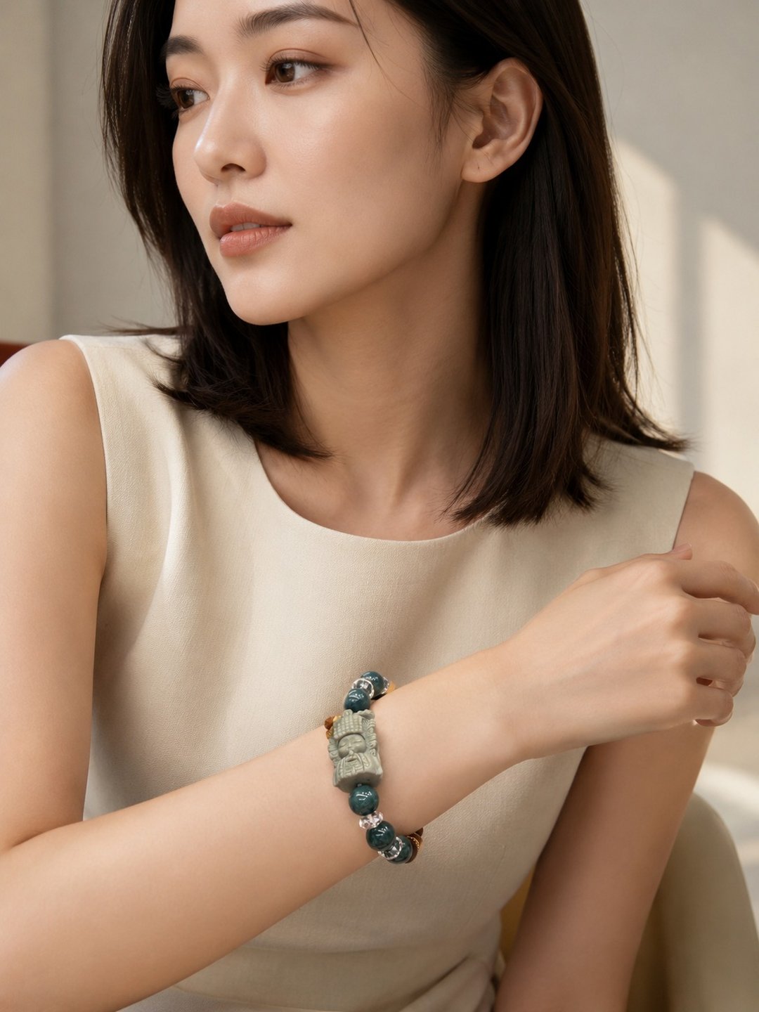 阿拉善玛瑙 精雕妈祖 蓝水翡翠 黄花梨木 白水晶平静心灵保平安 - 手链/手环 - 玉石 