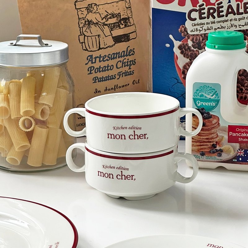 复古红汤碗优格麦片碗 - 碗 - 瓷 白色