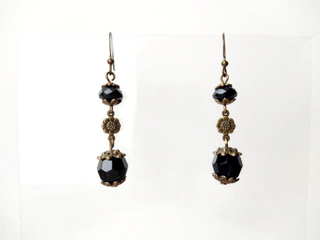 Earrings black agate long antique bronze - 耳环/耳夹 - 宝石 黑色