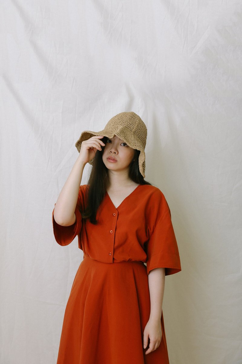 2way V领钮扣修身洋装 - 洋装/连衣裙 - 其他材质 橘色