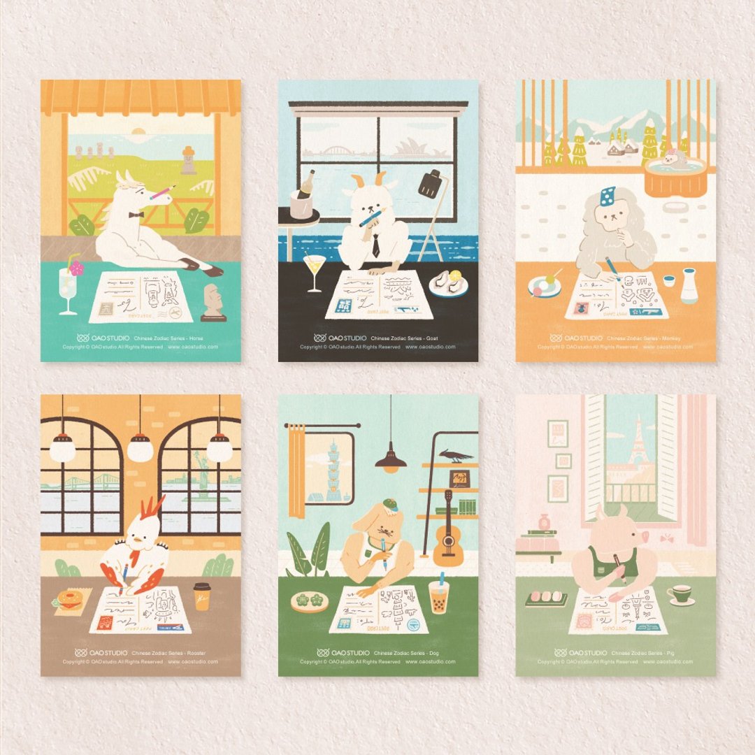 postcard-十二生肖系列套组-后篇 - 卡片/明信片 - 纸 多色