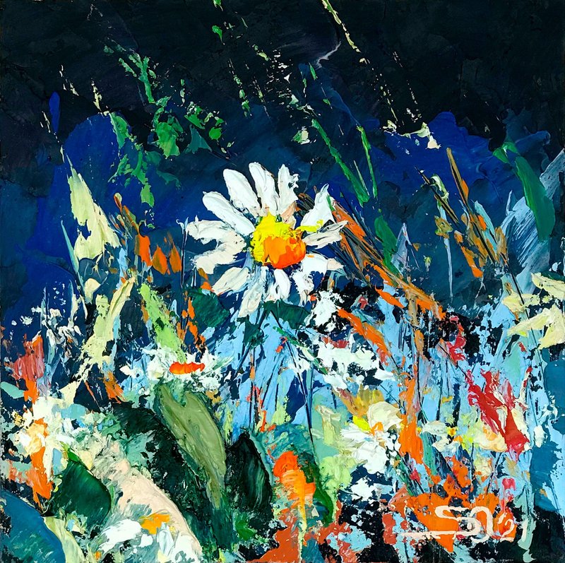 Daisy Painting Flower Original Art Oil Artwork Floral Wall Art Meadow Home Decor - 海报/装饰画/版画 - 其他材质 多色