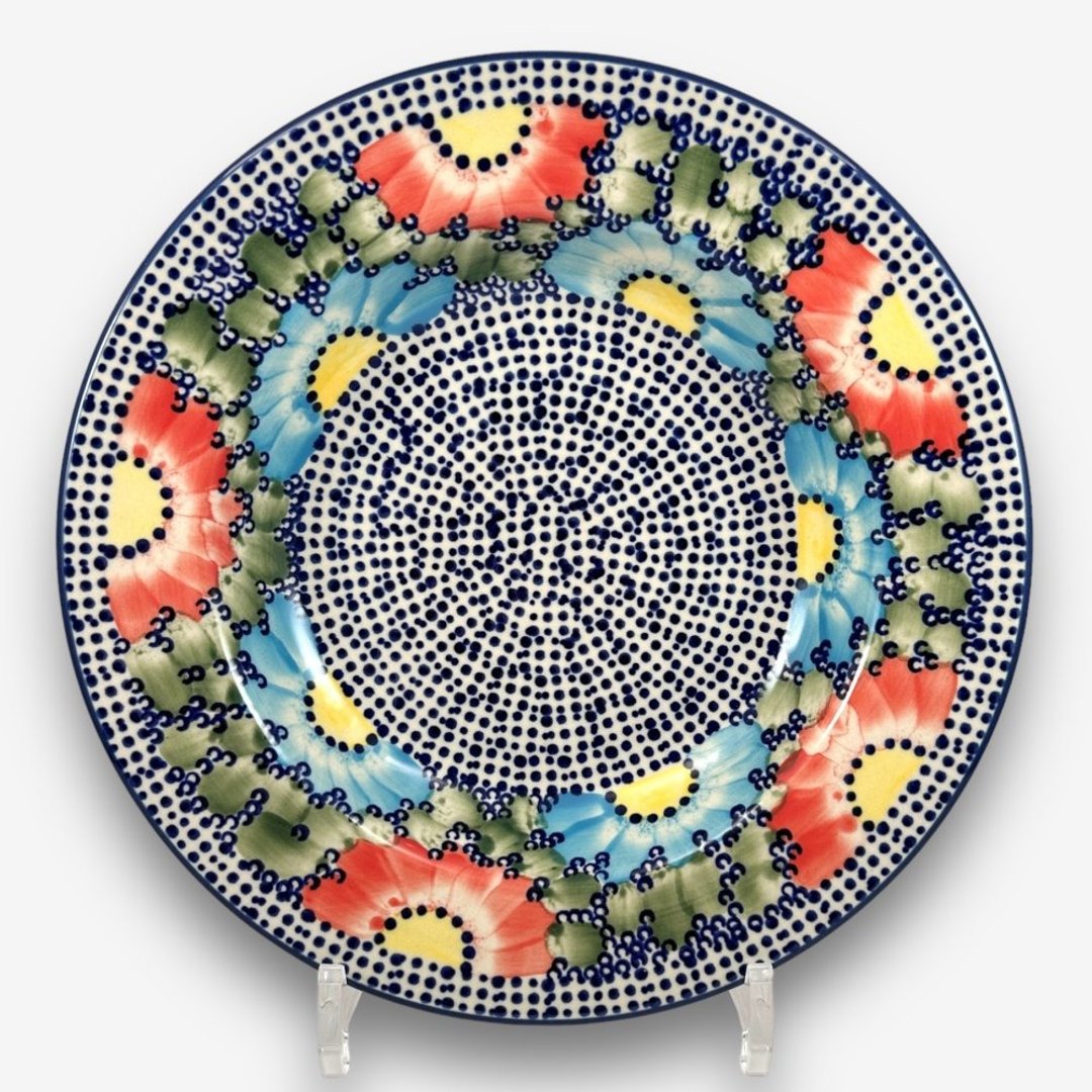 波兰手绘手工陶 - 意大利面盘 圆盘 深盘 24cm 橘蓝大花系列 - 盘子/餐盘/盘架 - 陶 多色