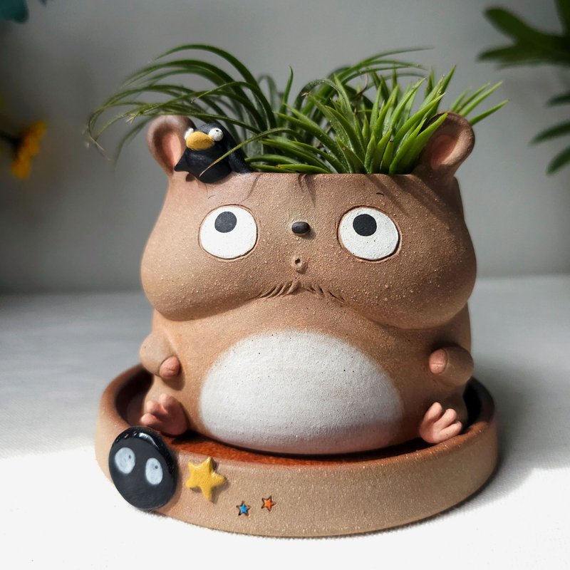 Planter with saucer, Boh chubby mouse. Handmade plant pot. - 花瓶/陶器 - 陶 