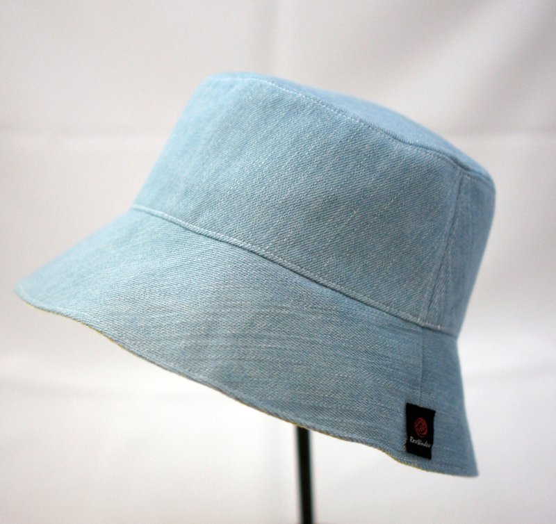 黄色小格子X水洗浅牛仔 手工限量渔夫帽 - 帽子 - 棉．麻 黄色