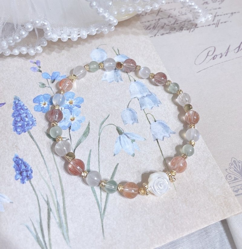 玫瑰贝/红兔毛/月光石/白兔毛/葡萄石/14K保色弹性手环 - 手链/手环 - 其他金属 白色