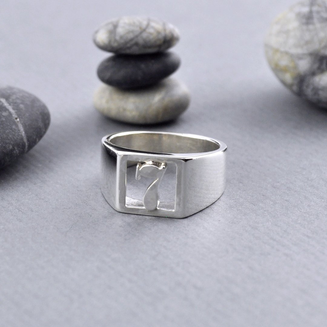 幸运数字印章戒指 925 纯银 Men's jewelry 男戒 定制化 - 戒指 - 纯银 银色