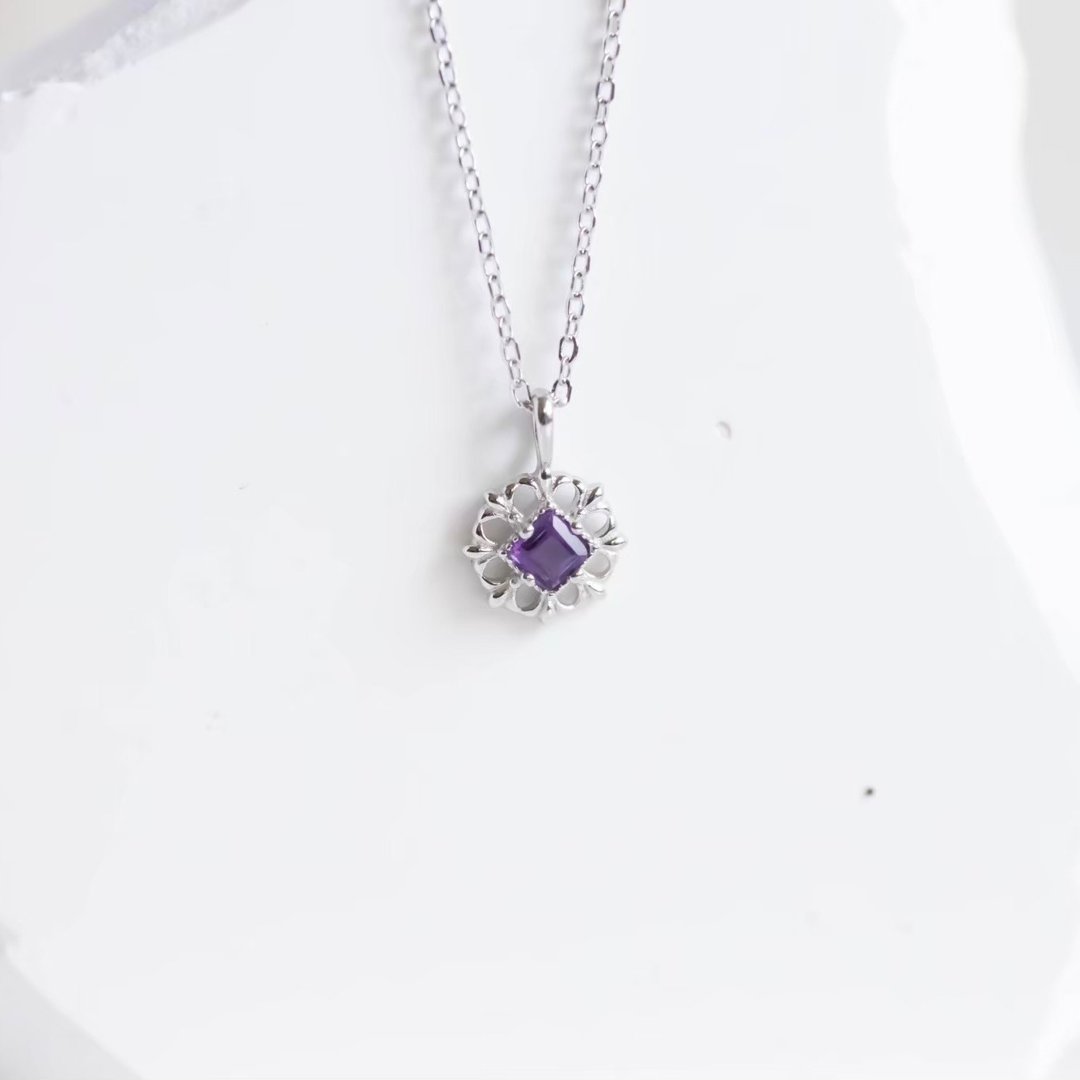 紫水晶925纯银方块蕾丝项链 - 项链 - 纯银 银色