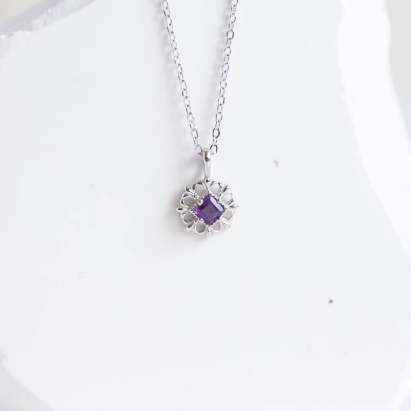 紫水晶925纯银方块蕾丝项链 - 项链 - 纯银 银色