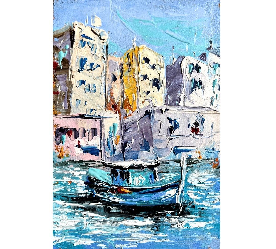 Seaport Painting Boat Original Art Seascape 15x10 cm/ 6x4 inch - 海报/装饰画/版画 - 其他材质 多色