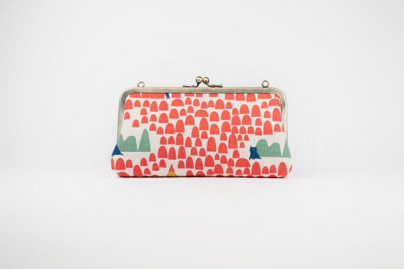 口金包 口金长夹 手拿包 钱包 肩背包 腕包 亲子口金/几何草原-橘 - 手拿包 - 棉．麻 红色