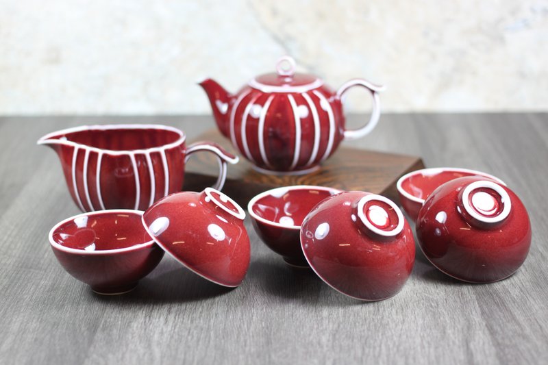 【沐春生活】石榴 铜红釉 曲纹壶茶具组 名家叶敏祥作品 - 茶具/茶杯 - 瓷 
