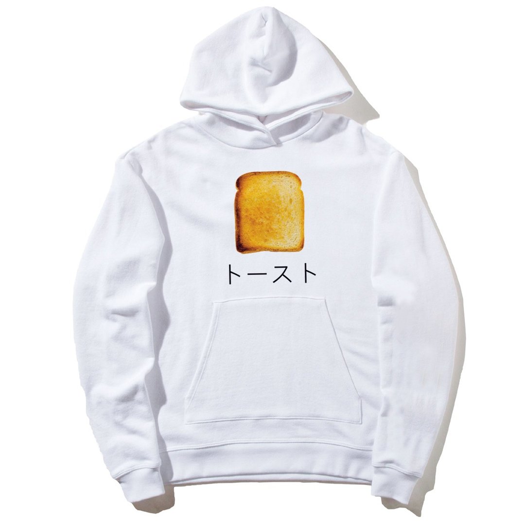Japanese-Toast 前图款 长袖刷毛连帽T 白色  吐司 日文 日语 面包 早餐 食物 奶油 设计 自创 品牌 早餐 - 中性连帽卫衣/T 恤 - 棉 白色