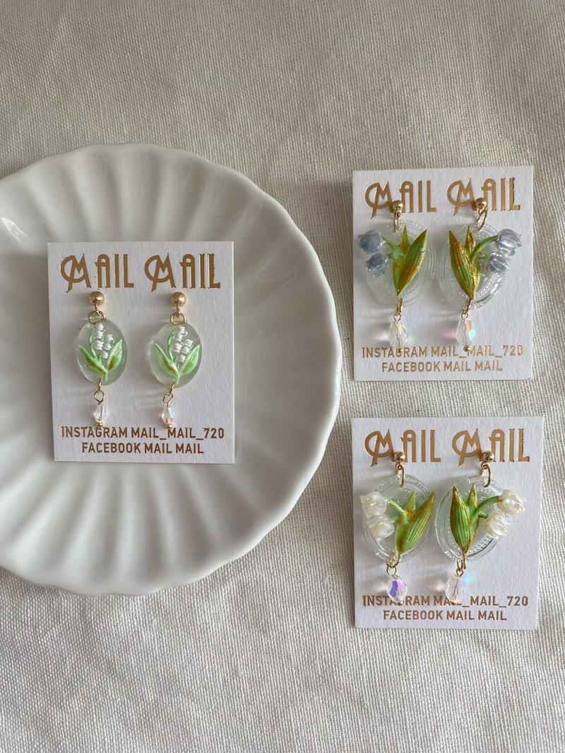 透明感铃兰花配水晶、耳环、耳夹 - 耳环/耳夹 - 树脂 绿色