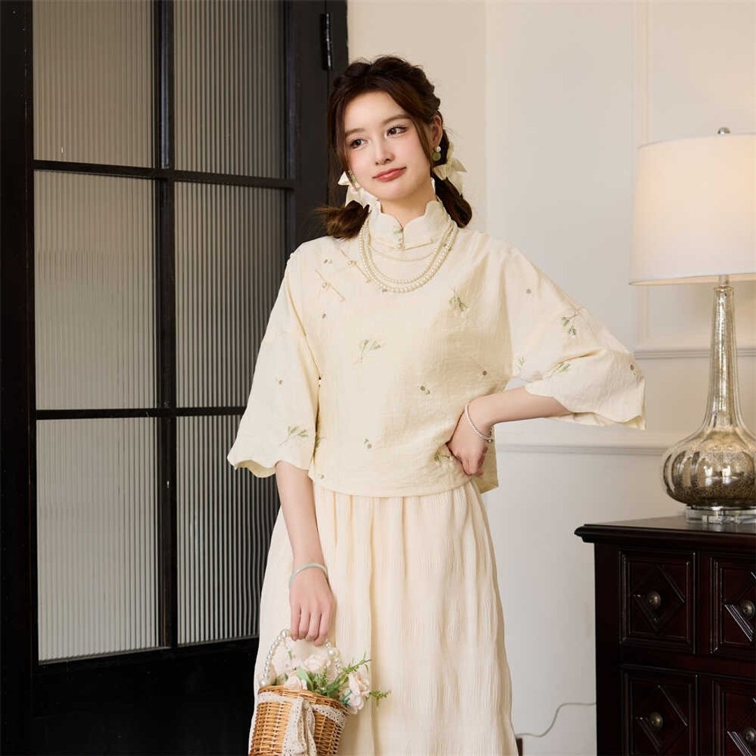 乳白色 套裝可選 新中式國風茶服女士復古斜襟唐裝刺繡上衣+裙子 - 旗袍 - 聚酯纤维 白色