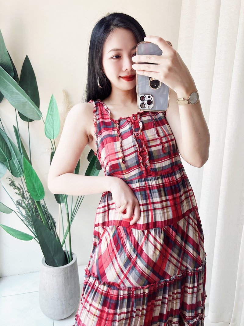 纯红格纹滚边纯棉蛋糕裙 古着洋装连衣裙连身裙 vintage dress - 洋装/连衣裙 - 棉 红色