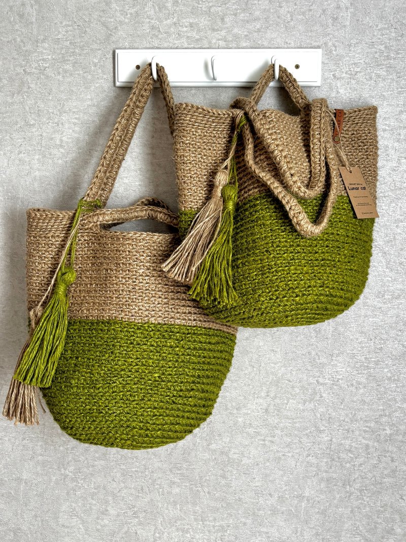 钩针编织黄麻包, DUO 黄麻包, 钩针编织肩背黄麻包, 可重复使用包 - 手提包/手提袋 - 环保材料 