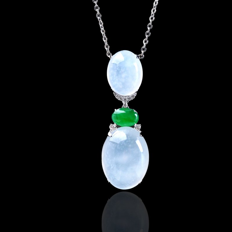 放光木拿高冰种蛋面项链18K金钻石 | 天然缅甸玉翡翠A货 | 送礼 - 项链 - 玉石 透明