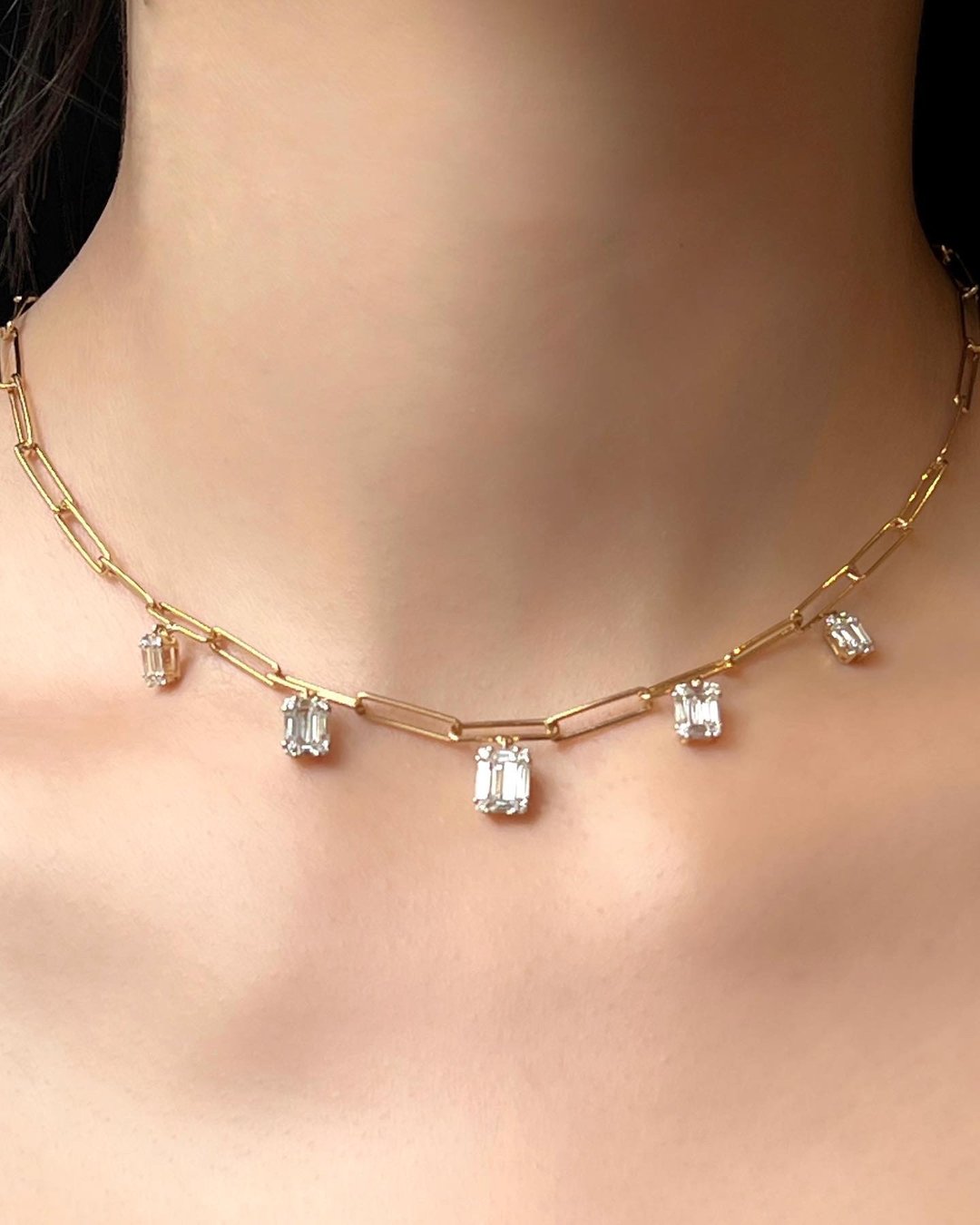 天然钻石 颈链 锁骨链 颈圈 • 18K金锁链方钻石choker - 手链/手环 - 石头 白色