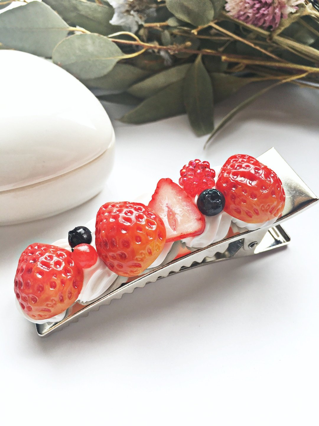 hair clip, hair accessory, strawberry,fake sweets,fruit,fake food, food sample - 发饰 - 粘土 银色