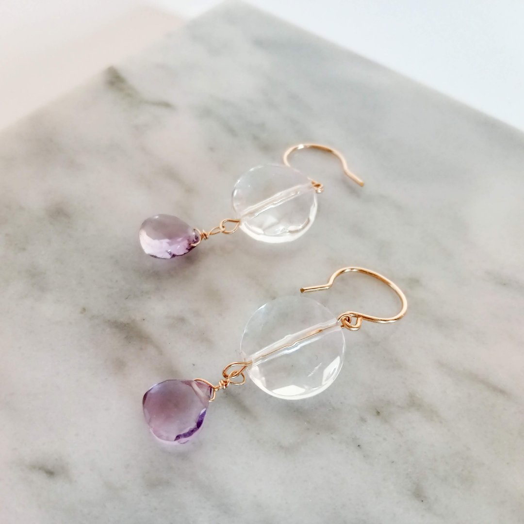 Gem Stone /14KGF   Crystal and pink amethyst earrings - 耳环/耳夹 - 半宝石 粉红色