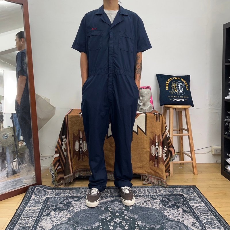 RED KAP 深蓝 短袖 连身工作服 COVERALLS 刺绣 美国制 古着 二手 - 男士长裤 - 棉．麻 蓝色