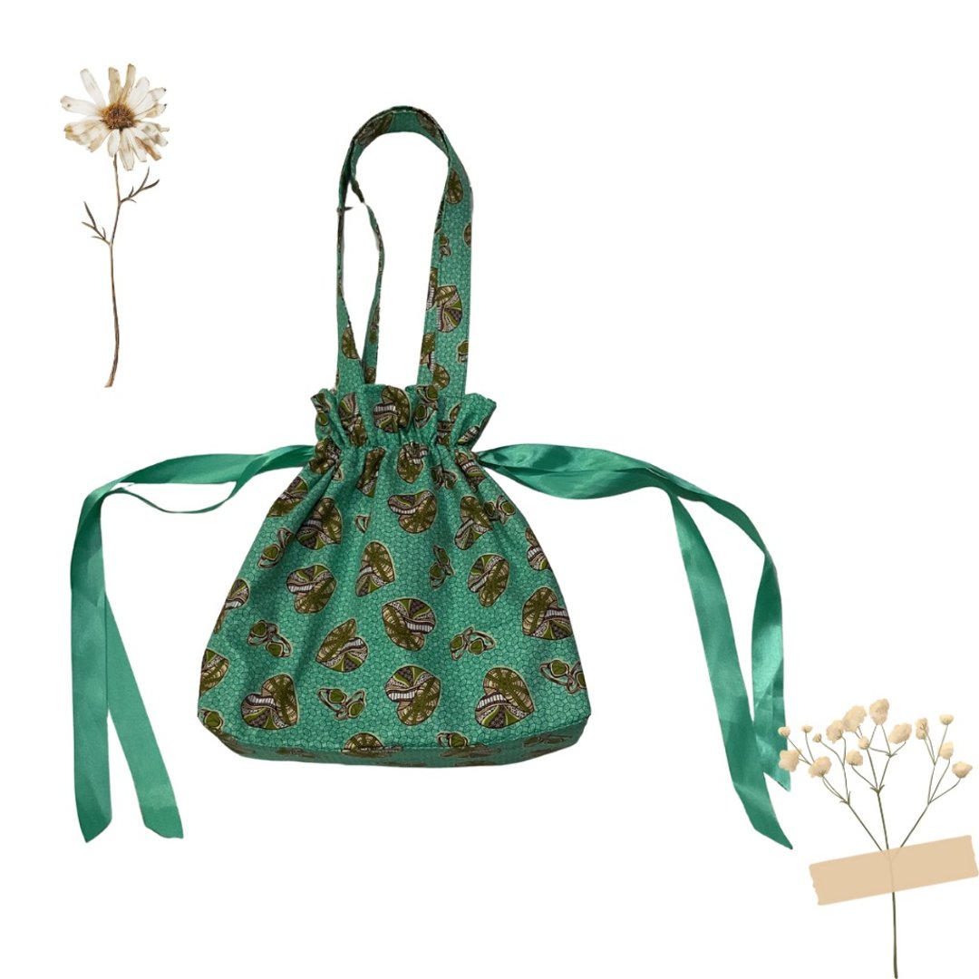 African print drawstring bag, shoulder bag, Ribbon drawstring bag Tote bag Gifts - 束口袋双肩包 - 棉 绿色
