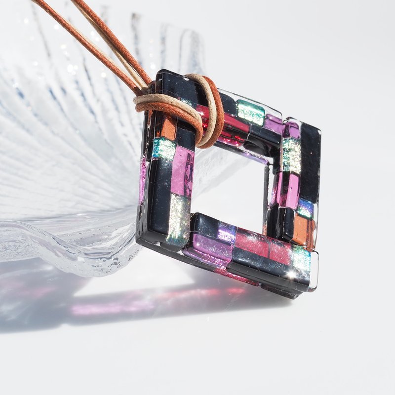 【特别】和风玻璃（Haikara【方形】【桃色】）项链【订制】 - 项链 - 玻璃 红色