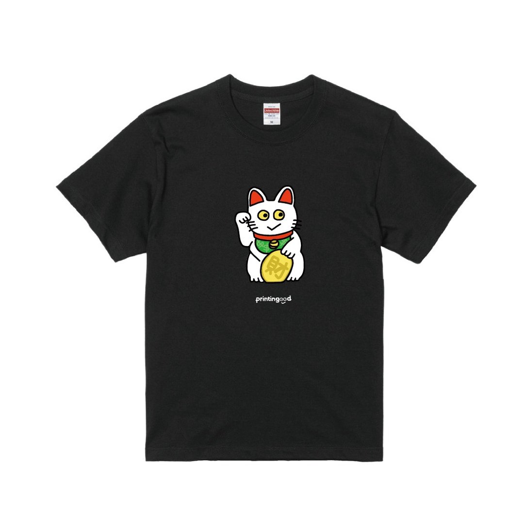 招财猫(招き猫) 短袖T恤 白猫 cat  黑t-shirt - 女装 T 恤 - 棉．麻 多色