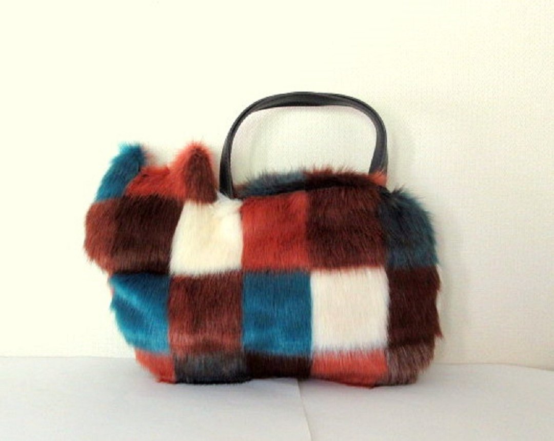 Cat bag  blue-brown check far! - 手提包/手提袋 - 其他人造纤维 多色