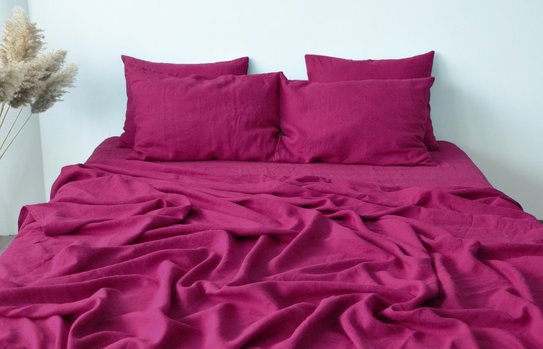 Fuchsia linen flat sheet / Linen bedsheet / Softened stonewashed linen sheet - 寝具 - 亚麻 粉红色